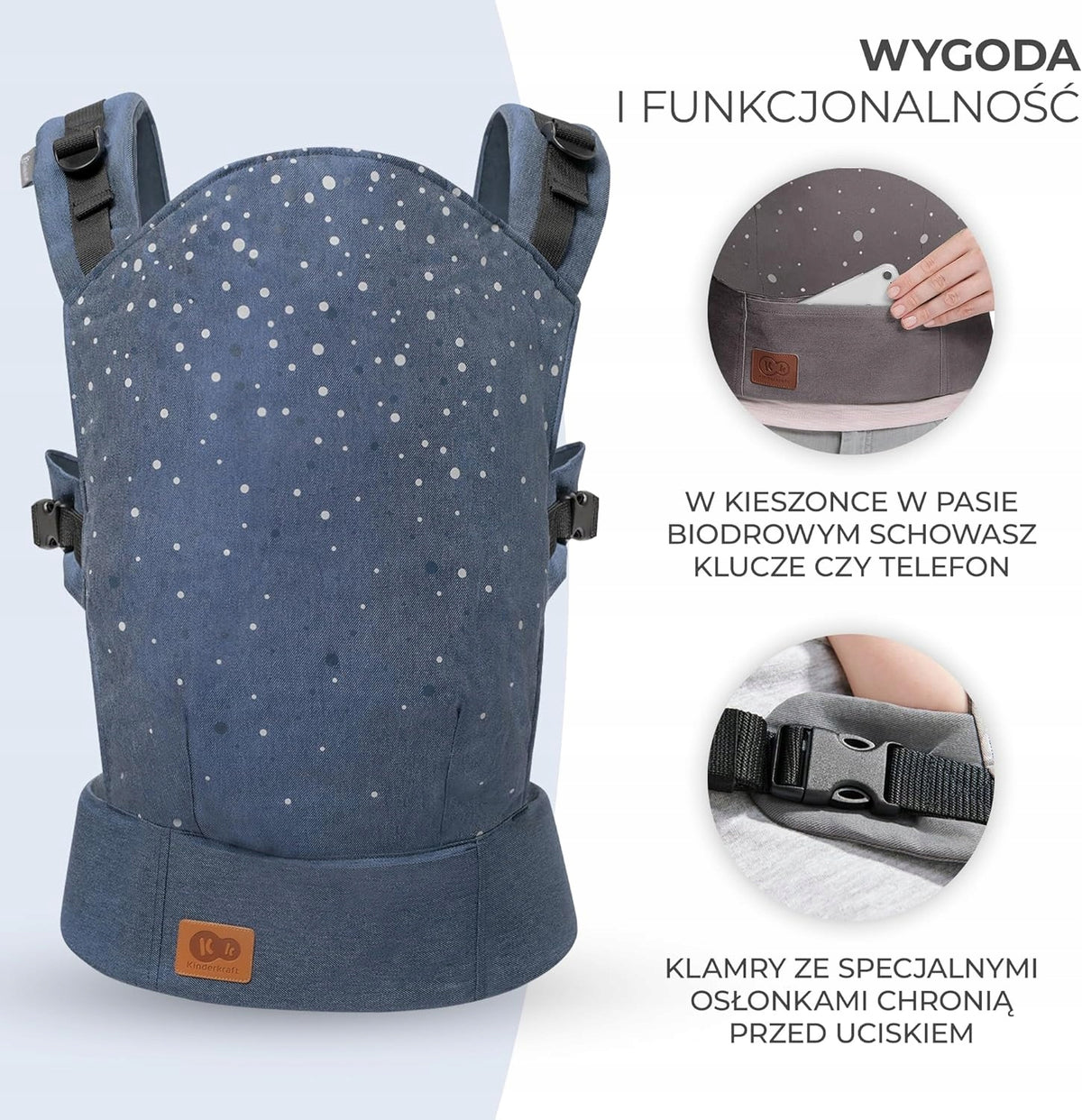 KINDERKRAFT NINO CONFETTI nosidełko ergonomiczne, wygoda i funkcjonalność z kieszenią w pasie