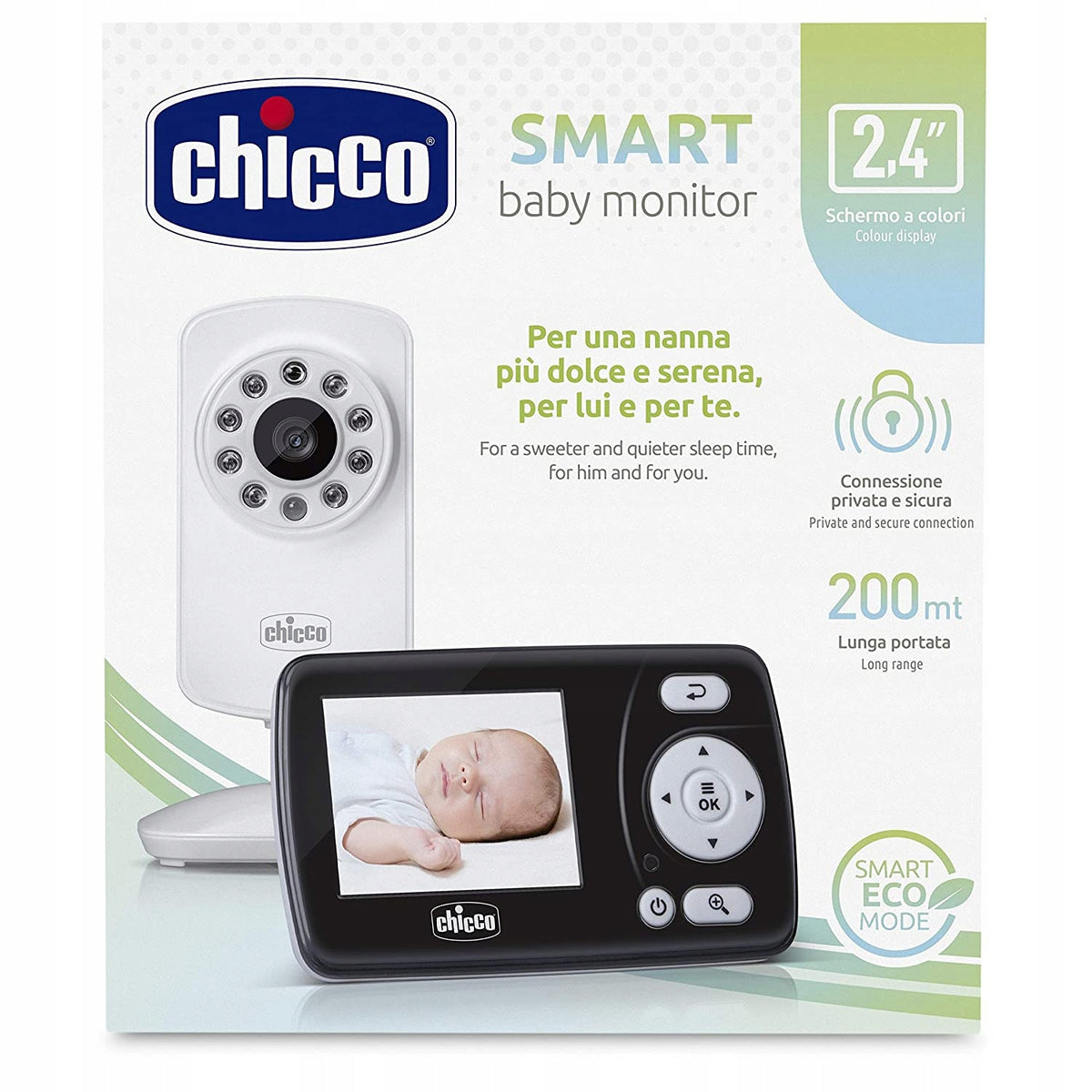 CHICCO Smart niania elektroniczna 2,4" FHSS, kamera i odbiornik z ekranem LCD, tryb Eco Mode