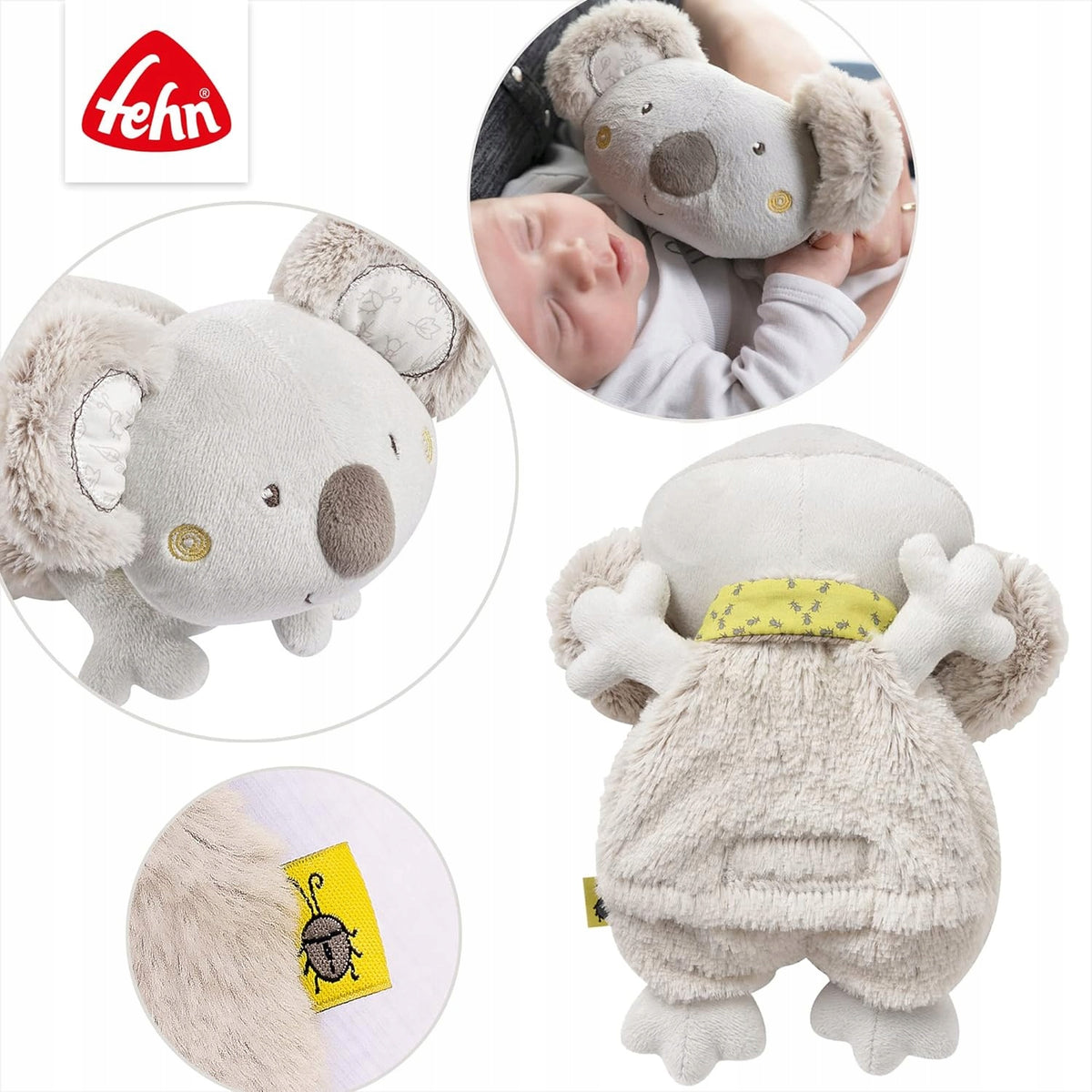 FEHN pluszowy KOALA TERMOFOR, szary miś termofor dla dzieci, miękki ogrzewacz z pestkami winogron