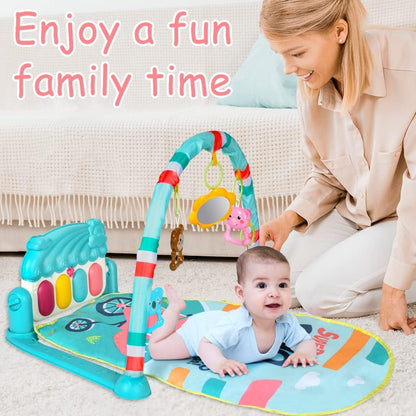 AOMIG MATA edukacyjna z pianinkiem 0-36 msc. mata sensoryczna z pałąkiem i grzechotkami dla niemowląt