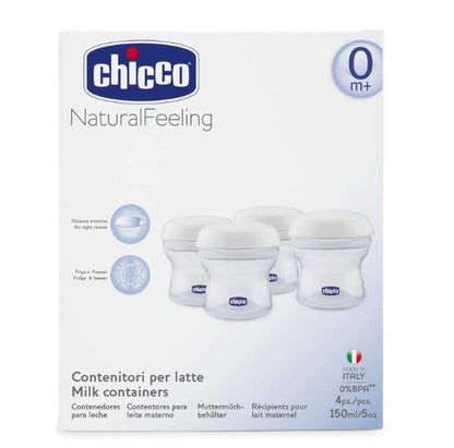 CHICCO pojemniki na mleko 4 x 150 ml + smoczek z nakrętką, Natural Feeling, 0 m+