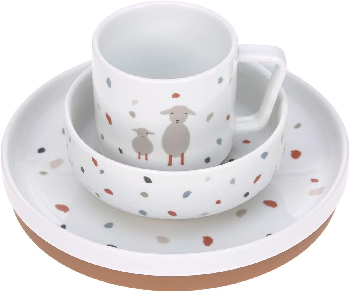 LASSIG Tiny Farmer zestaw naczyń porcelanowych dla dzieci z kubkiem, miską i talerzem z silikonowymi stoperami
