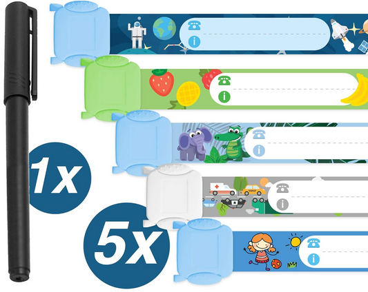 TAMPEN pulseras SOS impermeables para niños 5 unidades + rotulador