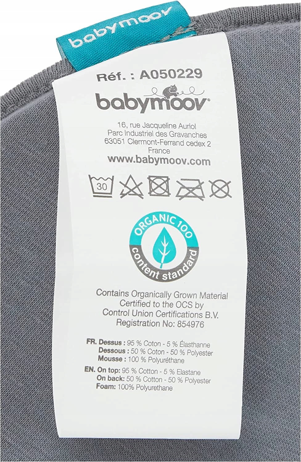 BABYMOOV Lovenest poduszka niemowlęca 0+ ORGANIC, certyfikat organic cotton, etykieta produktu