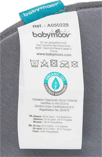 BABYMOOV Lovenest poduszka niemowlęca 0+ ORGANIC, certyfikat organic cotton, etykieta produktu