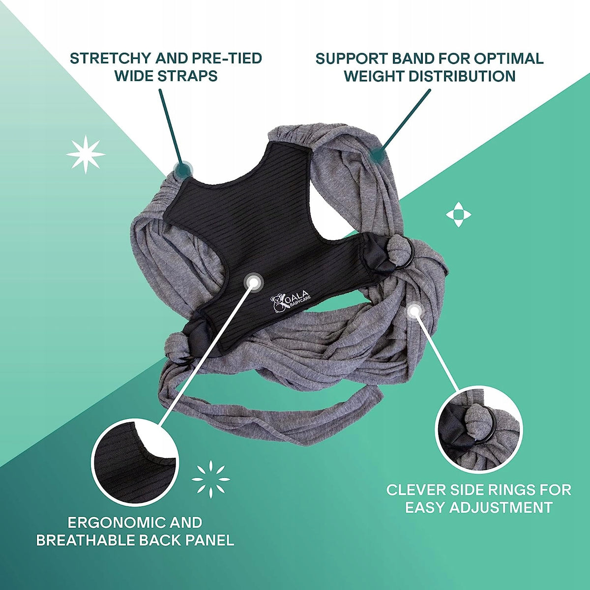 KOALA BABYCARE chusta do noszenia dziecka 2w1, ergonomiczna szara chusta-nosidełko z regulacją i oddychającym panelem