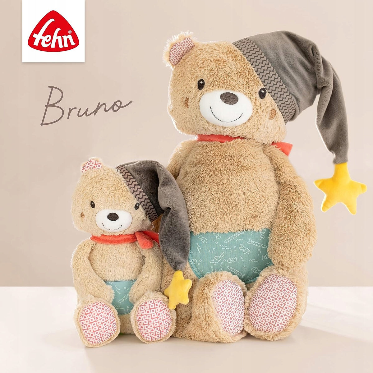 FEHN pluszowy miś Bruno 25cm, beżowy miś z gwiazdką, miękka przytulanka dla dzieci