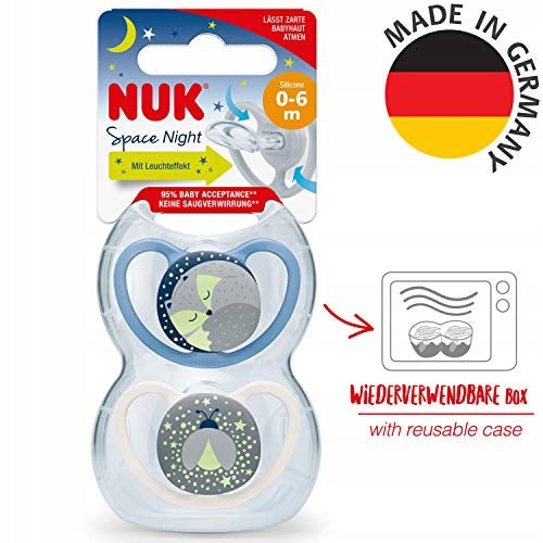 NUK Space Night smoczek uspokajający silikon x2 0-6msc +box, świecący w ciemności, Made in Germany