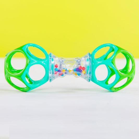 BRIGHT STARTS Oball Shaker gryzak chwytak z grzechotką 14,5 cm zielony silikonowy gryzak dla niemowląt