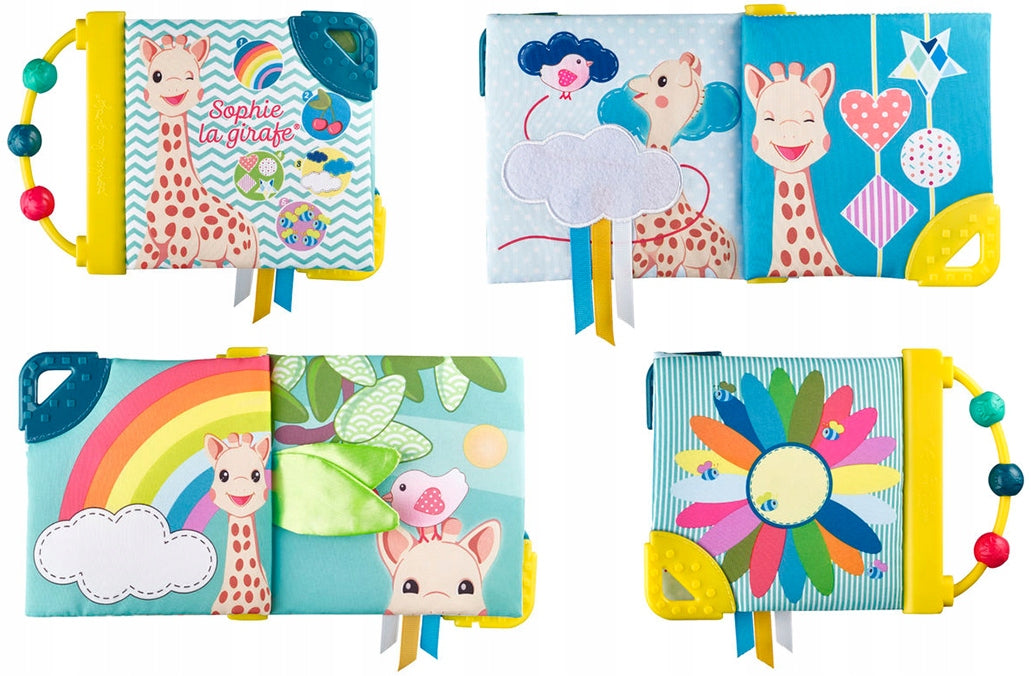Kolaż okładki i stron kolorowej książeczki Sophie la girafe.