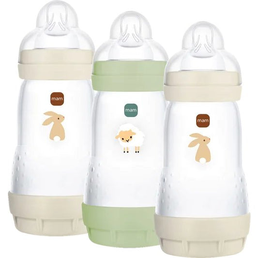 MAM Easy Start Anti-Colic — trzy butelki 260 ml w kolorach kremowym i zielonym z motywami królików i owcy